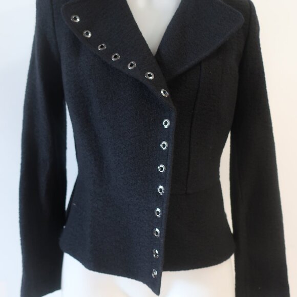 St. John Black Label Black Wool Blend Flounce Hem Grommet Boucle Blazer Jacket 4 - Picture 5 of 14